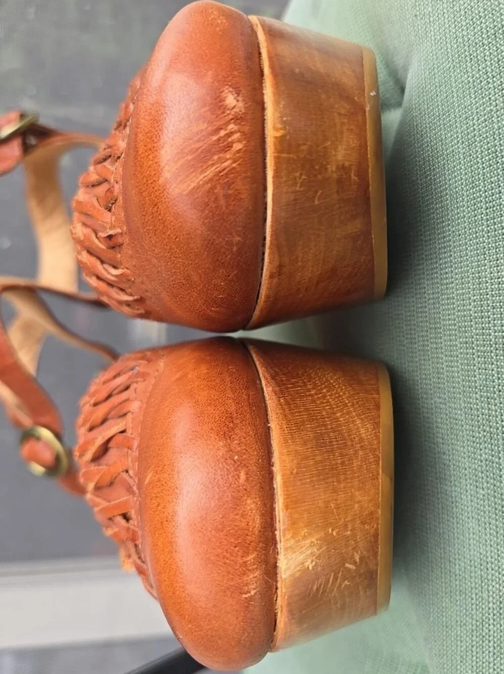 Frye Blair Cognac Leather Closed Toe Mary Jane Platform Wedges Size 10M